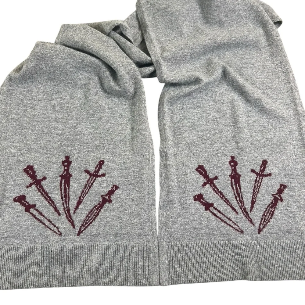 RAG & BONE Gray Burgundy Wool Knit Scarf Dagger Motif‎ Unisex 77”